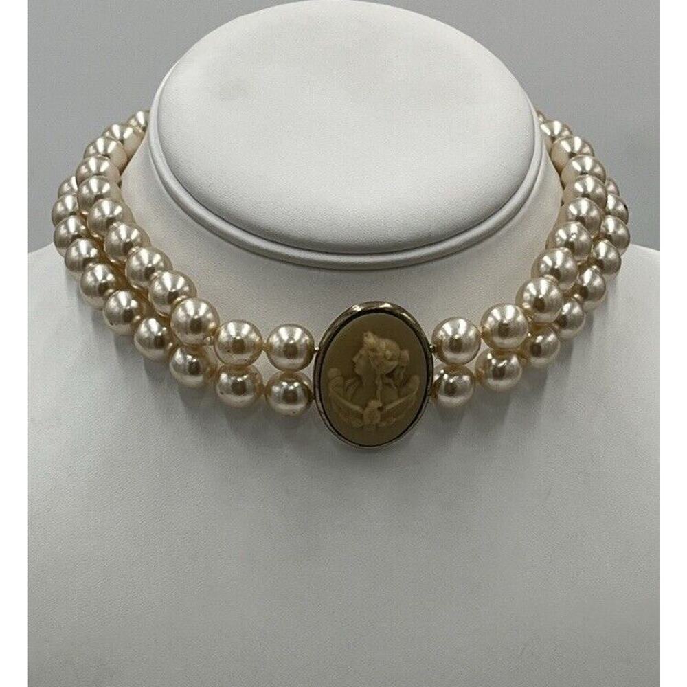 Extasia Signed Vintage Cream Faux Pearl Two Strand Yellow Shell Cameo Necklace